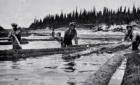 Men in the river moving logs